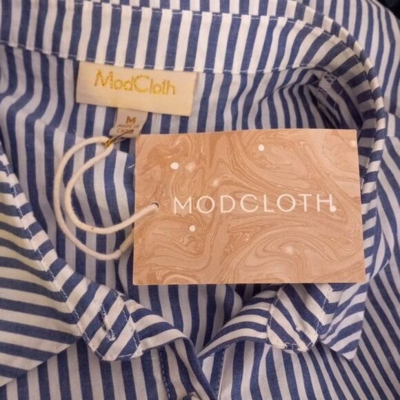 ModCloth M Top Crop Sleeveless Blue White Striped Button Up Tie Front Shirt NEW - Picture 8 of 11